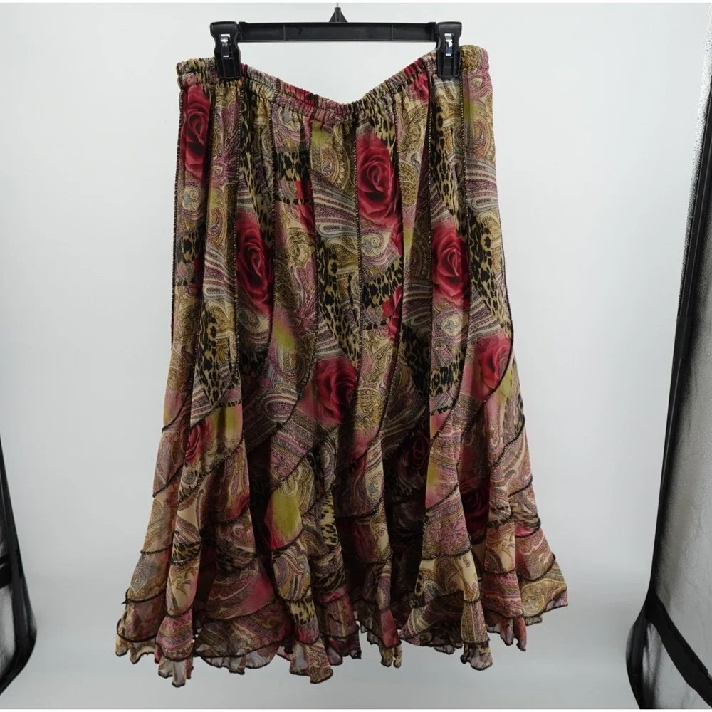 Tease Mixed Print Tiered‎ Midi Skirt Floral Paisley Leopard Boho Pink Large
